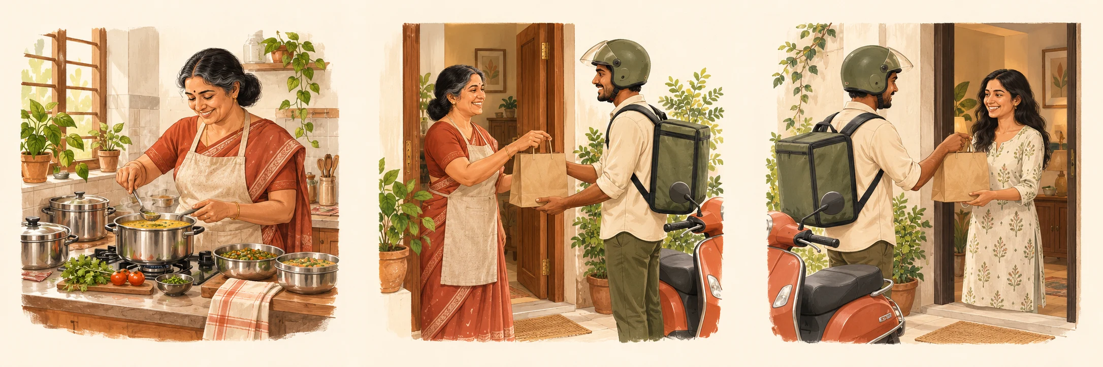 An illustrated Maa Se mom preparing food in her home kitchen.
