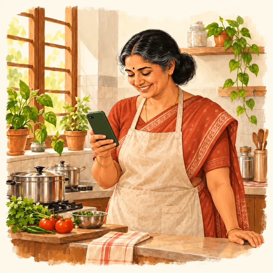 An illustrated Maa Se mom smiling as she checks her phone in her home kitchen.